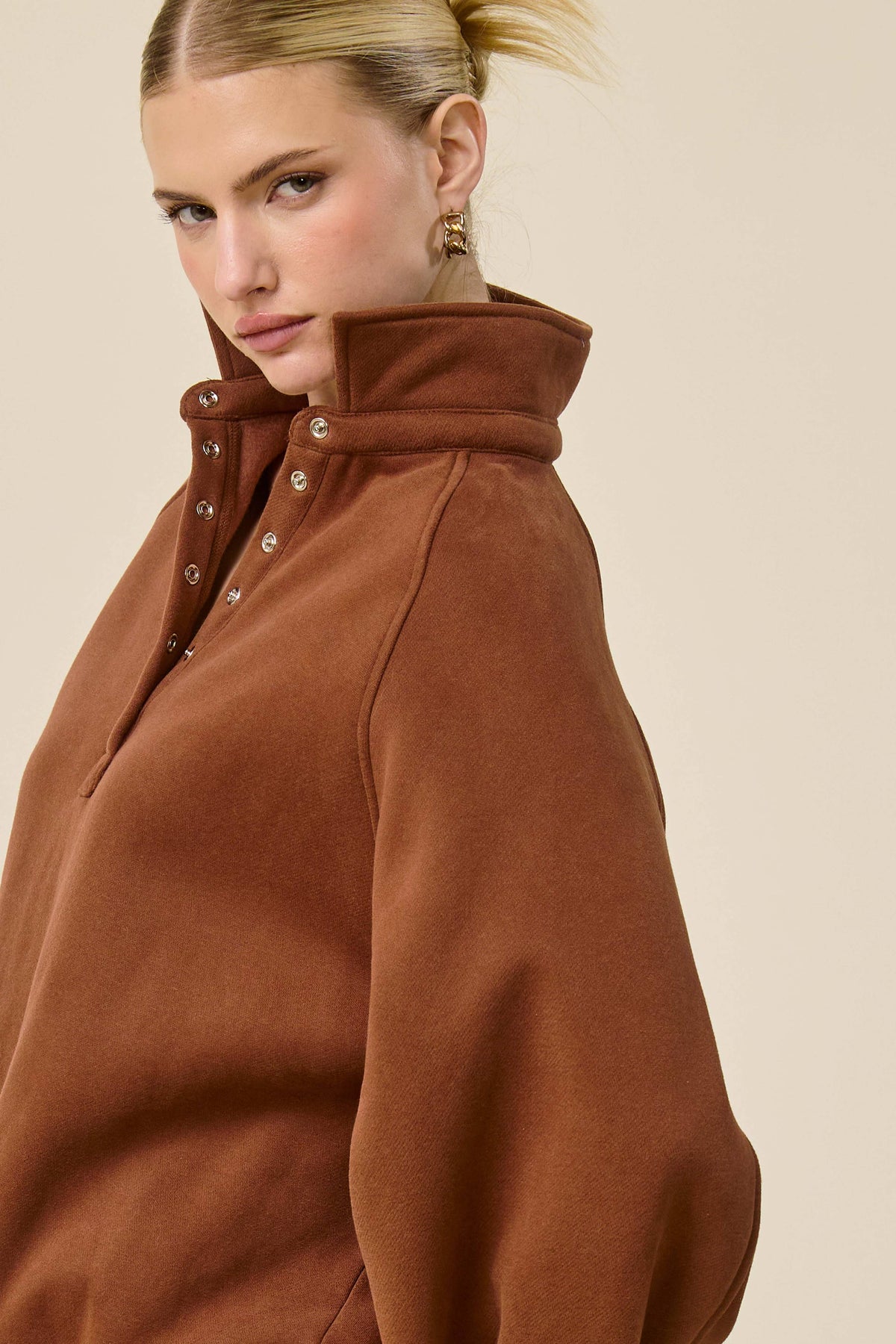 Fire Red Oversized Snap-Button Collared Mock Neck Sweatshirt