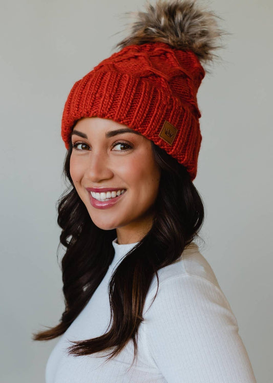 Terracotta Diamond Cable Knit Pom Hat