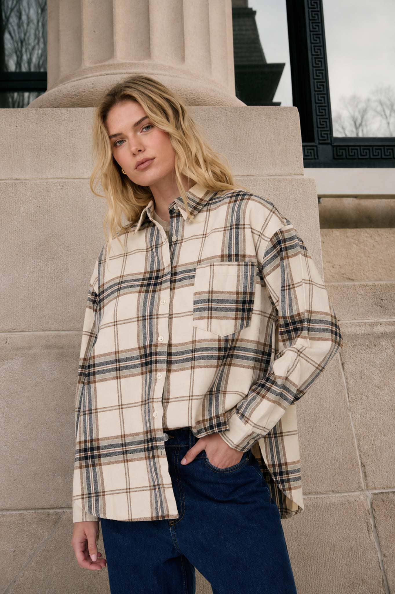 Khaki Plaid Boxy Button Down Oversized Flannel Top