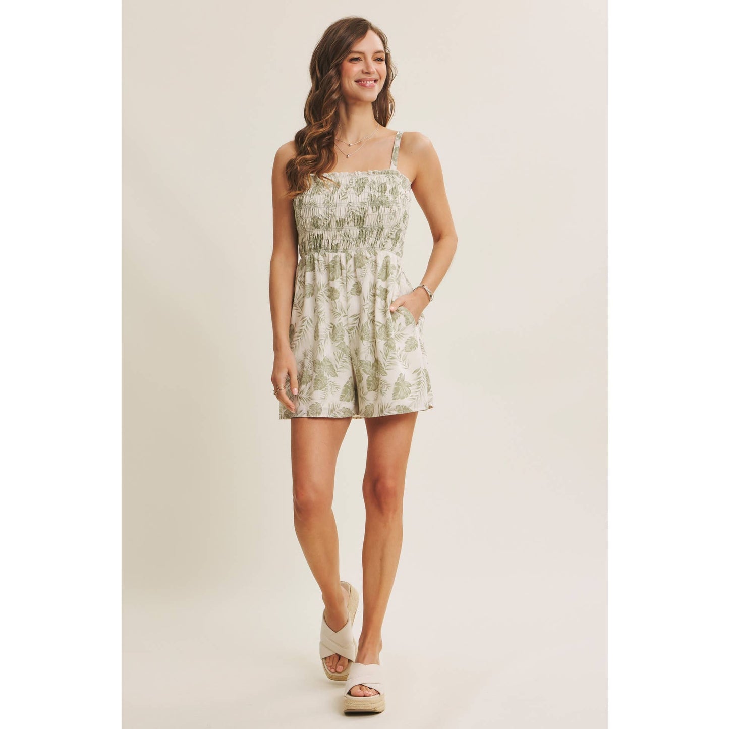 BREATHABLE FOR WARM DAYS PALM LEAF SMOCKED ROMPER: DENIM BLUE / S