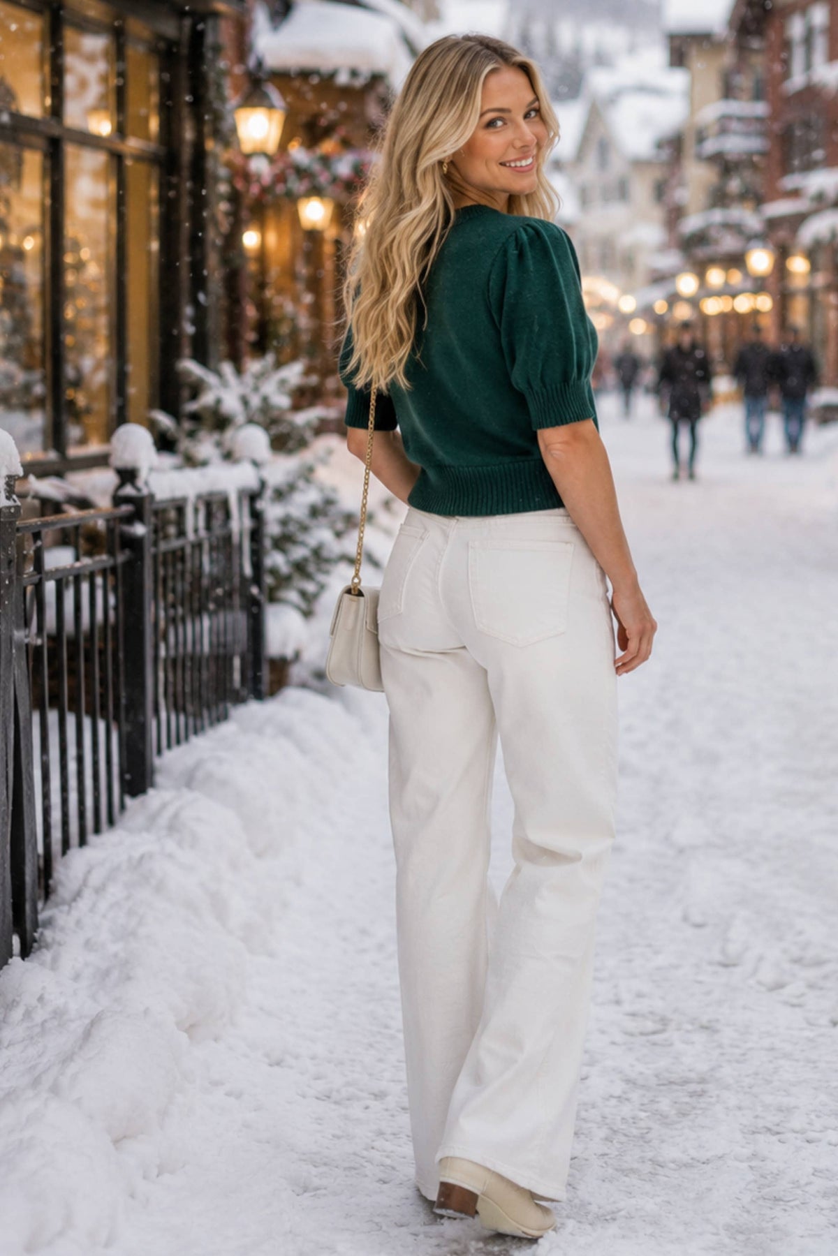 Merry Rhinestone Puff Sleeve Holiday Sweater Top: H. GREEN / S-M-L (2-2-2)