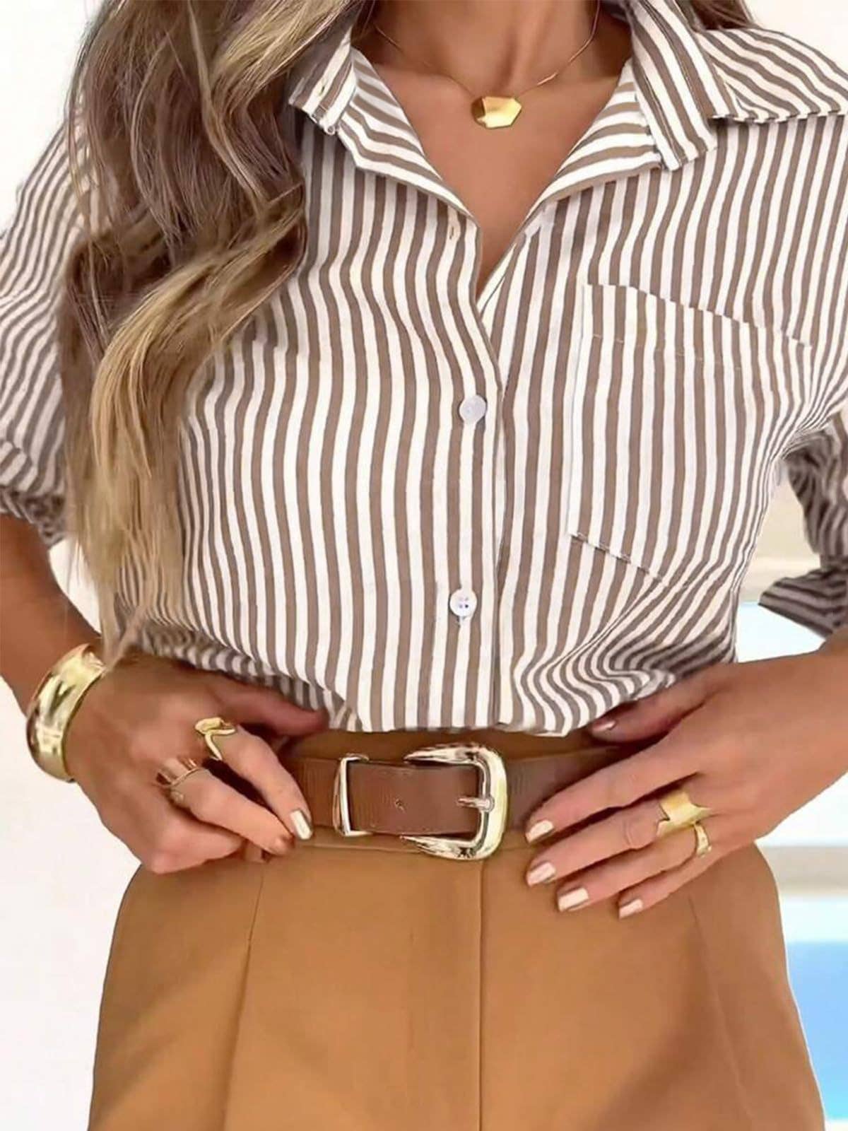 Striped Long Sleeve Shirt : Khaki / Missy / S