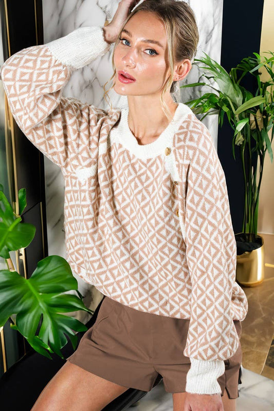 Taupe Geo Patterned Button Detailed Sweater