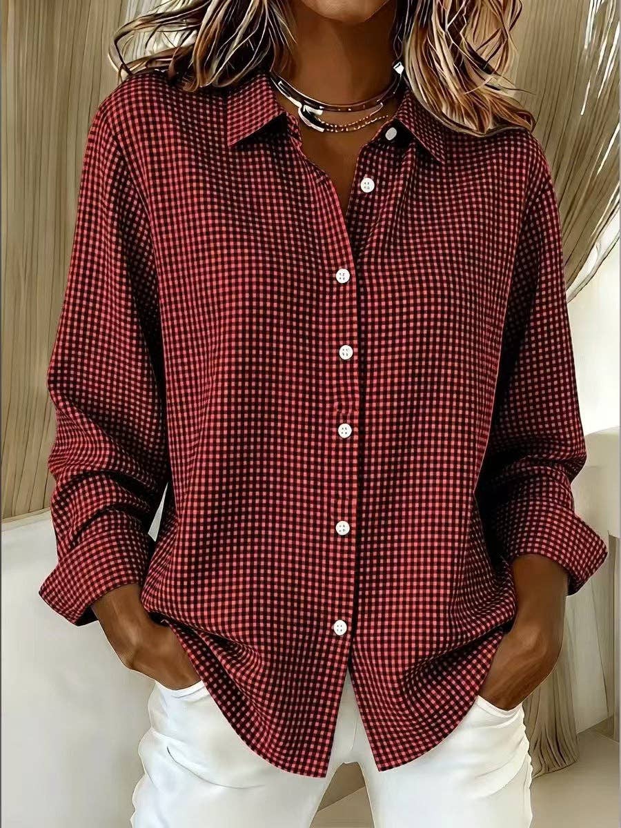 Women's Gingham Long Sleeve Button Down Shirt: Red / 100%Polyester / S
