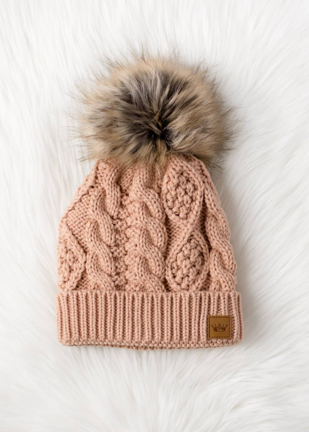 Peach Fuzz Cable Knit Pom Hat