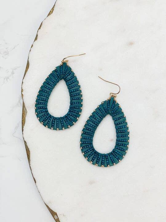 Teal Oval Raffia Beaded Dangle Earrings