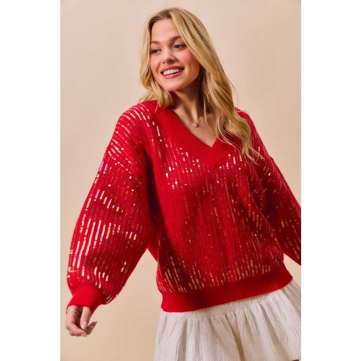 Red Sequins V Neck Sweater