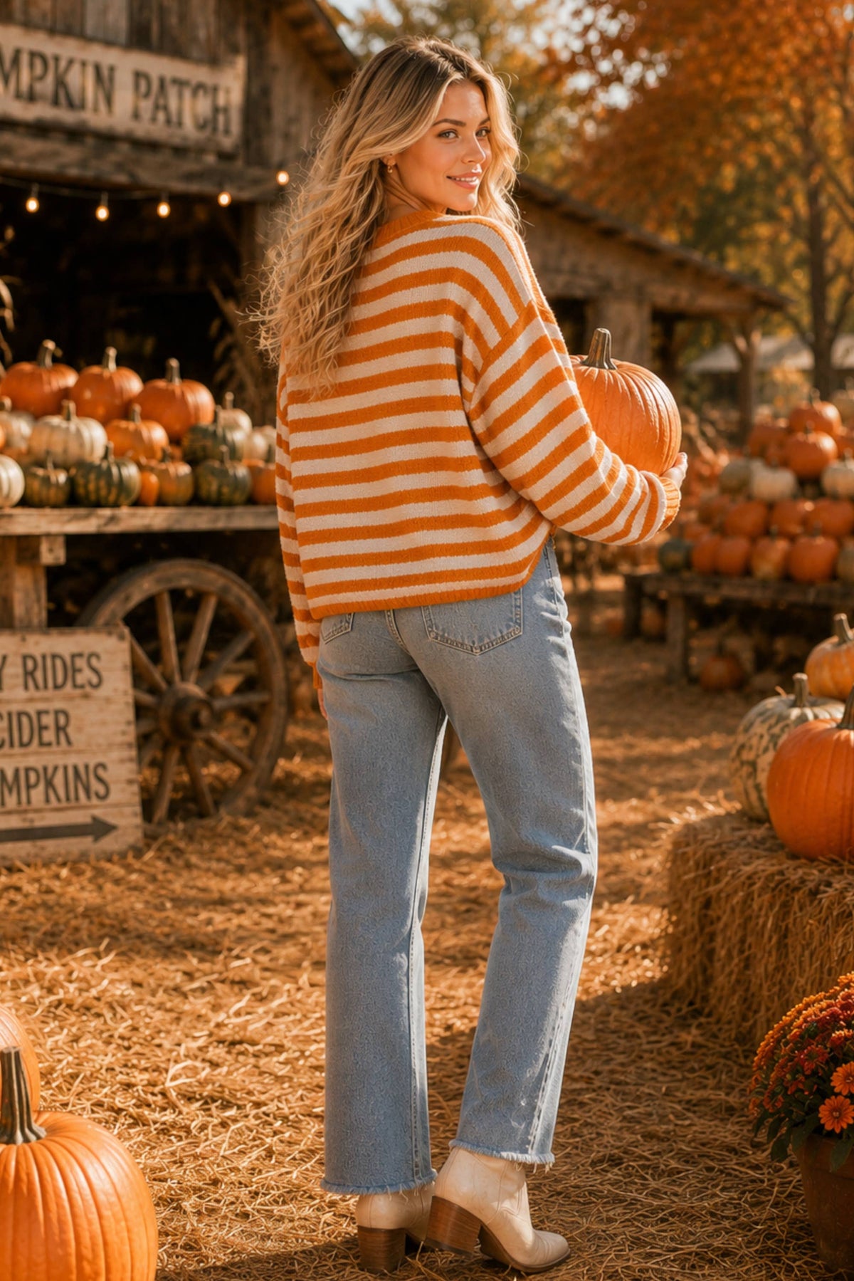 Pumpkin Script Striped Knit Sweater: ORANGE/WHITE / S-M-L (2-2-2)