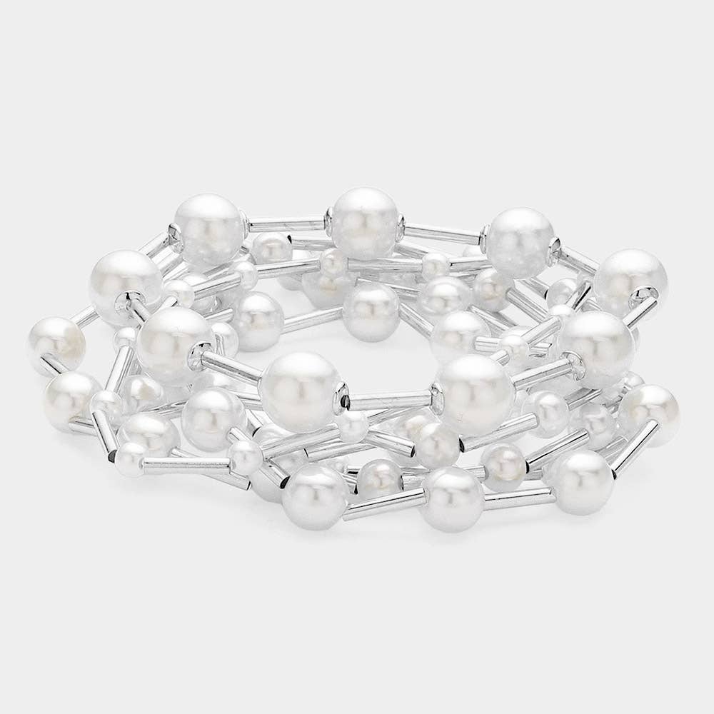 7PCS - Pearl Metal Ball Beaded Stretch Multi Layered Bracelets: Rhodium,White