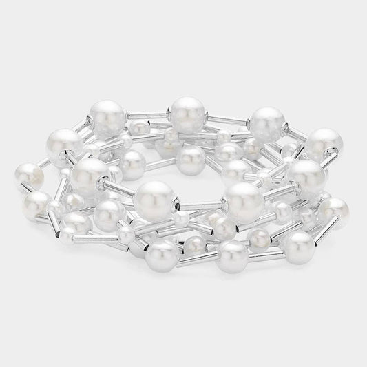 Pearl Metal Ball Beaded Stretch Multi Layered Bracelet Set