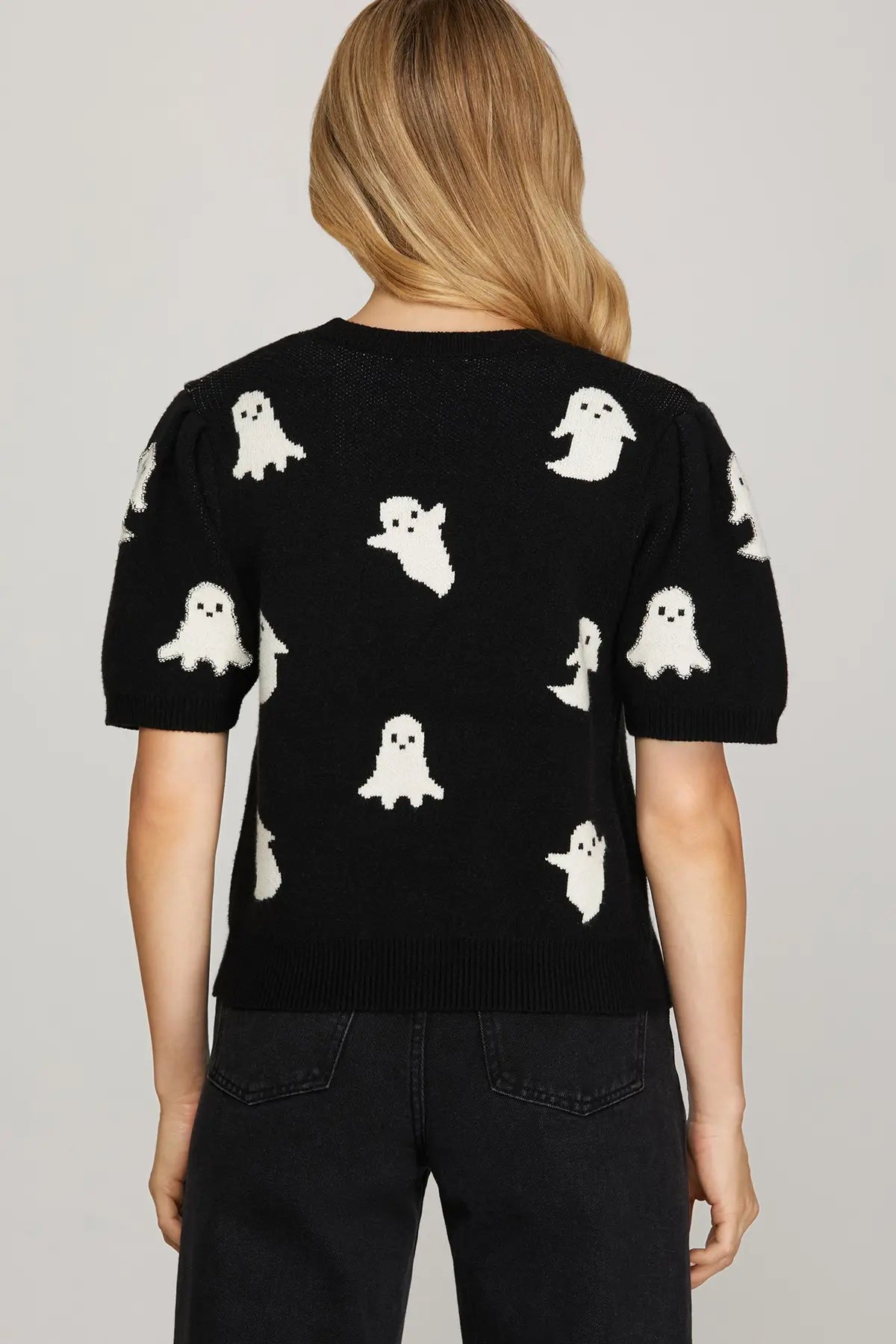 Halloween Ghost Pattern Puff Short Sleeve Sweater