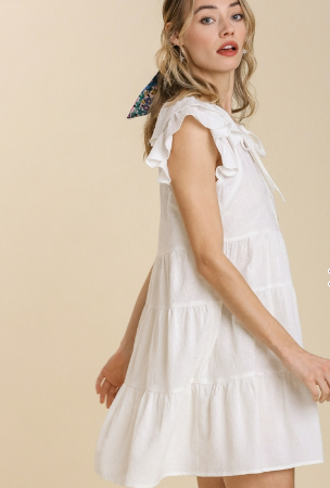 SALE Off White Poplin Dress With Ruffled Sleeves and Front Tie