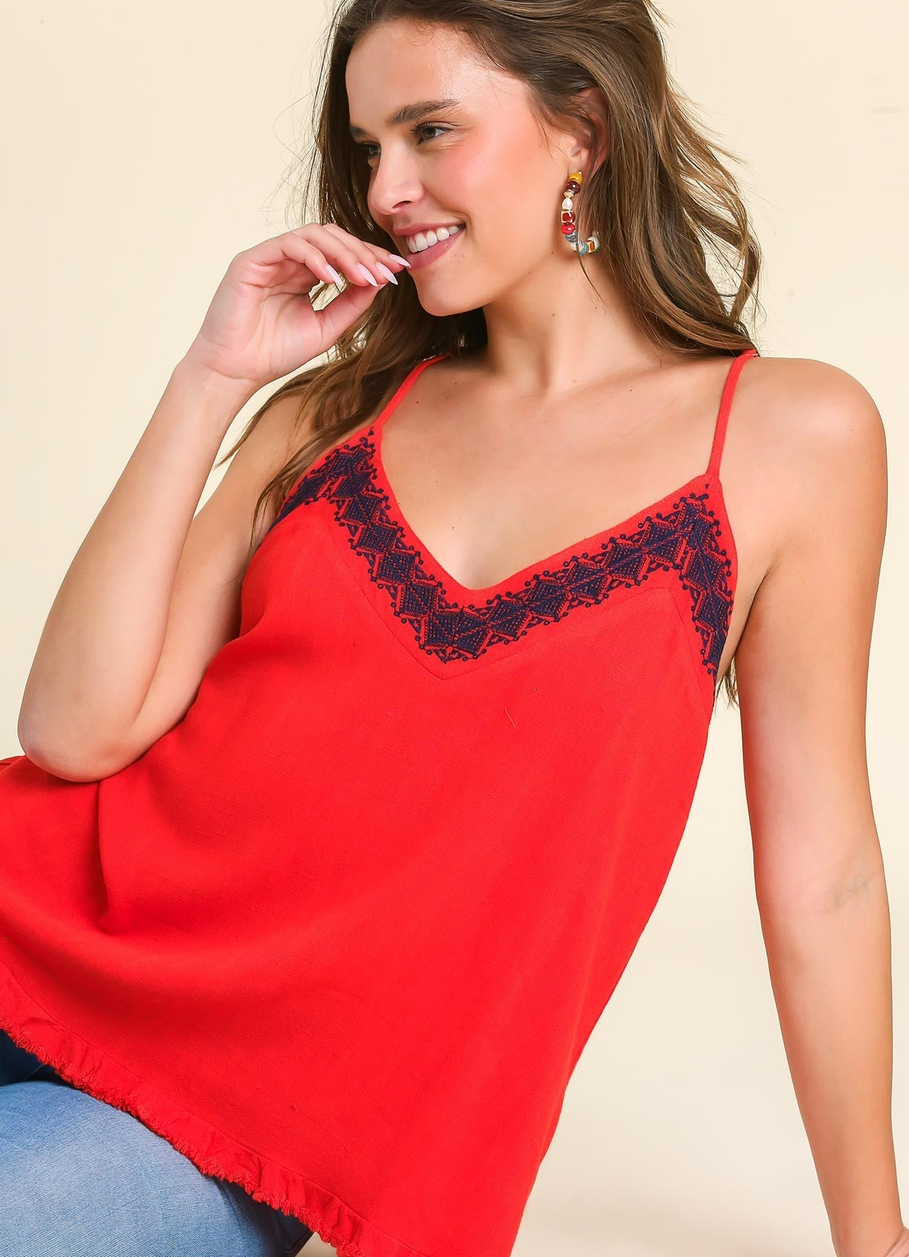 Sale Red Linen Spaghetti Strap Top w/ Frayed Ruffle Hem