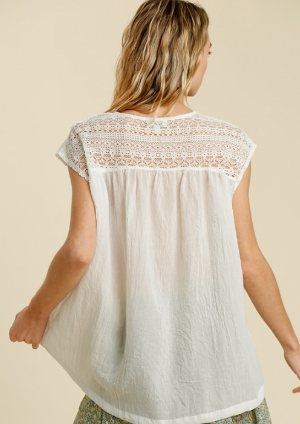 SALE Off Whte Lace Yoke Button Front Short Sleeve