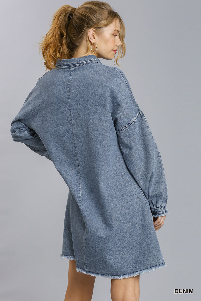 Long Sleeve Button Down Denim Dress with Frayed Hem