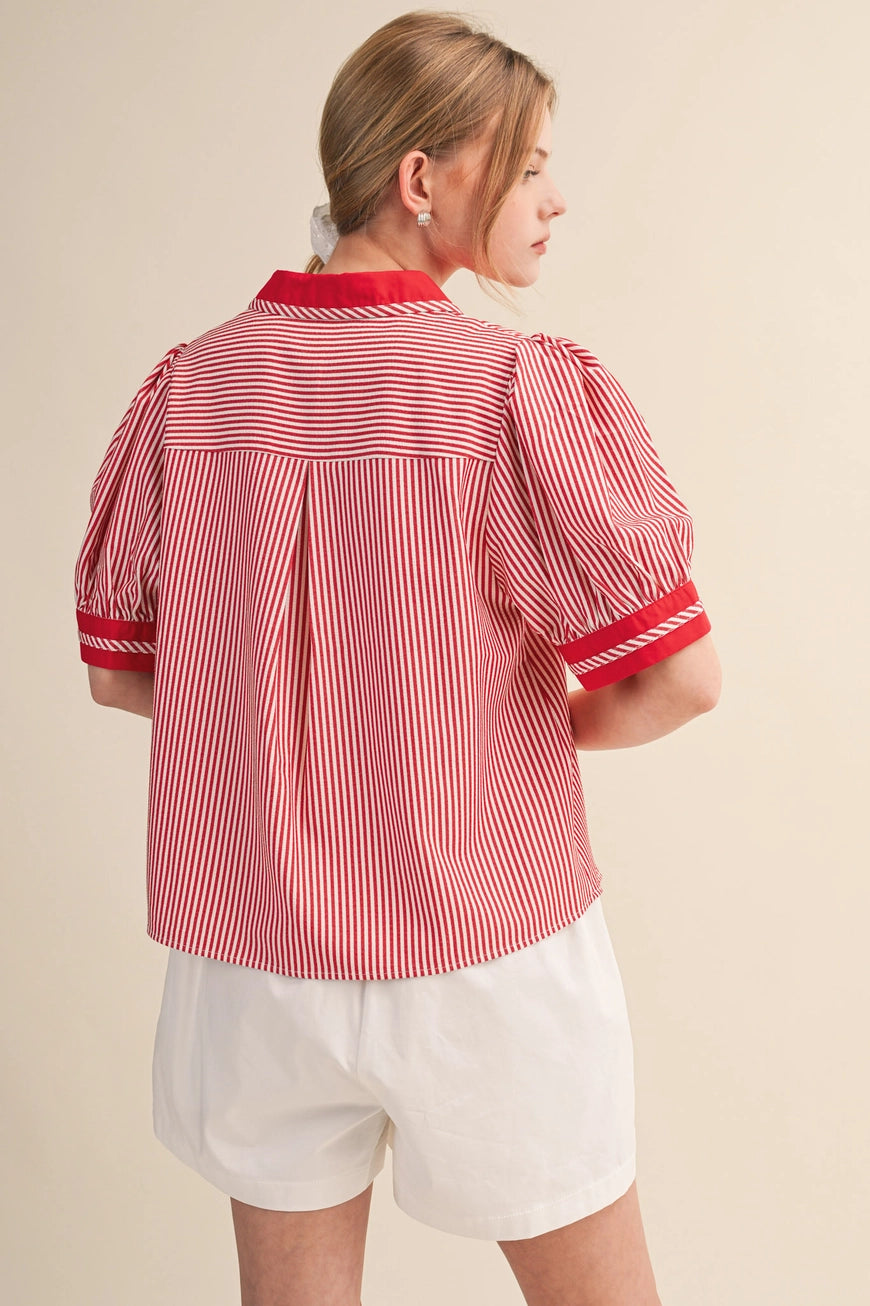 Red & White Striped Contrast Binding Collared Top