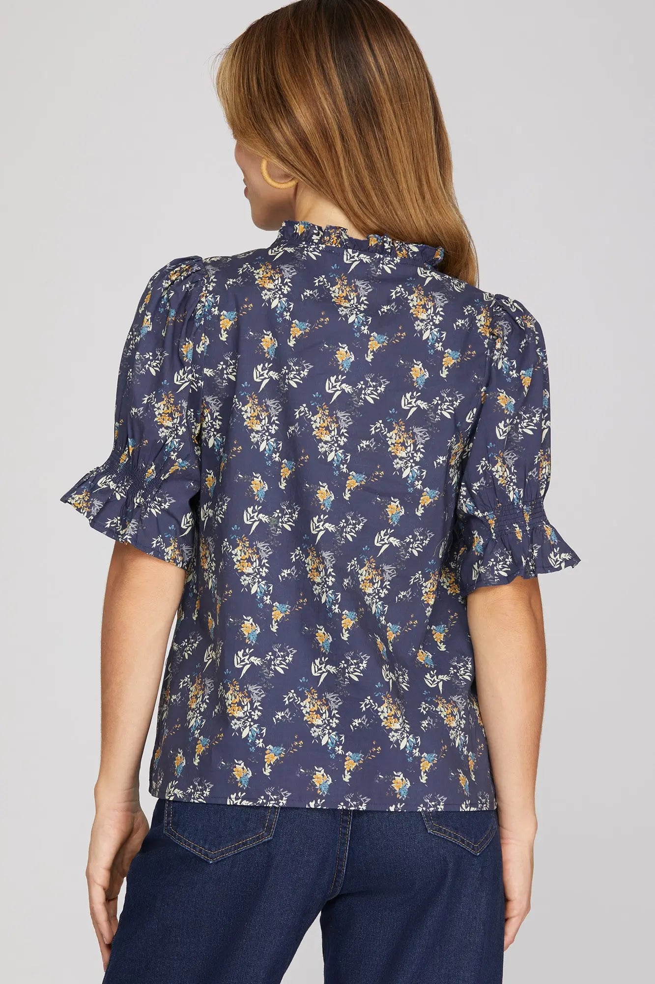 Navy Short Sleeve Floral Ruffled Neck Top