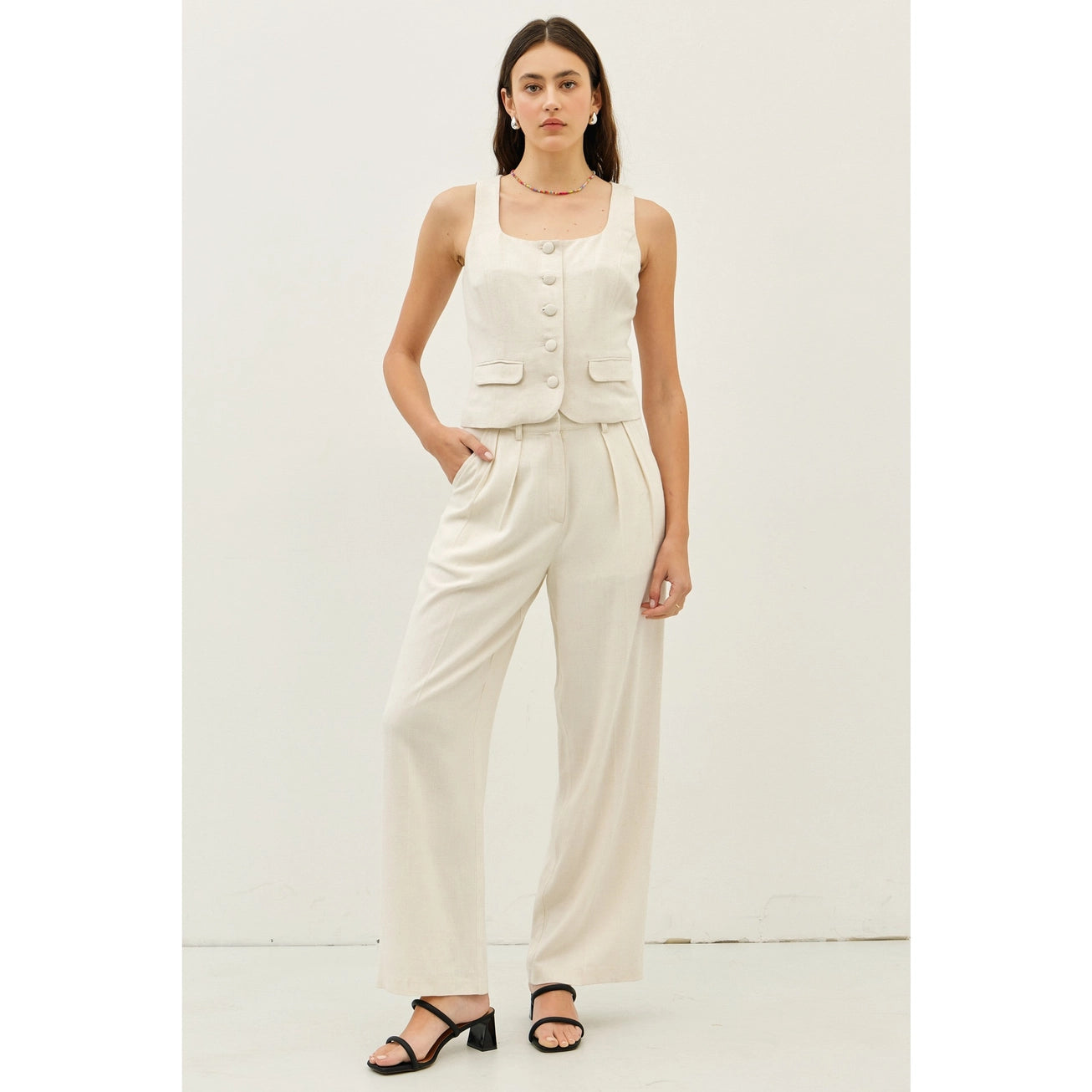 Oatmeal Linen Blend Button-Down Vest Top