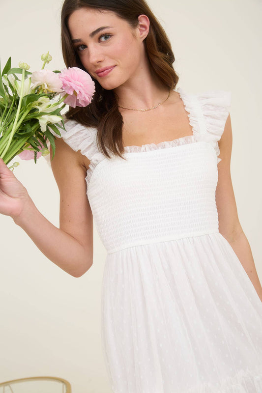 SALE White Polka Dot Chiffon Smocked Ruffle Detail Dress