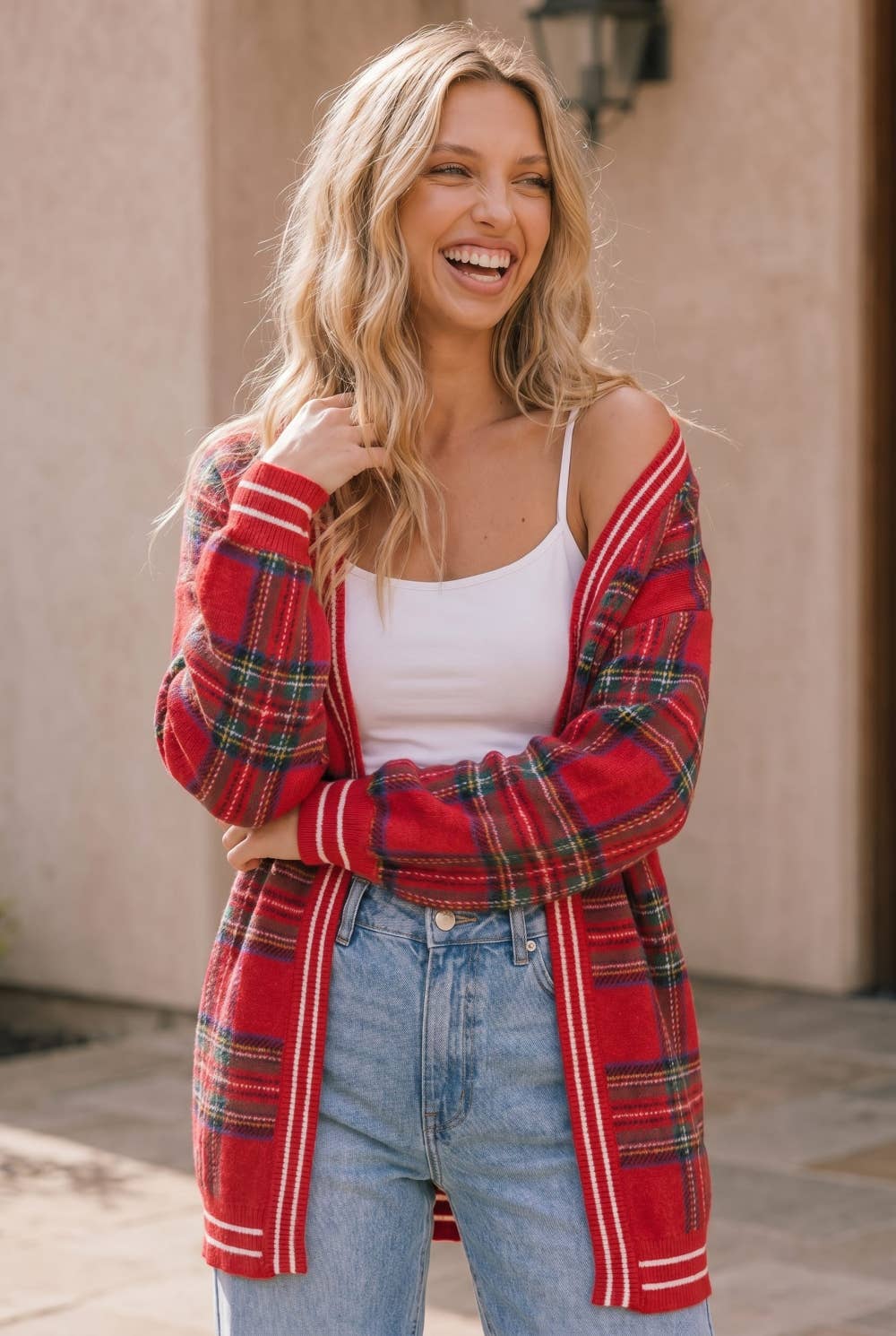 Red Plaid Open Front Knit Cardigan: RED / S