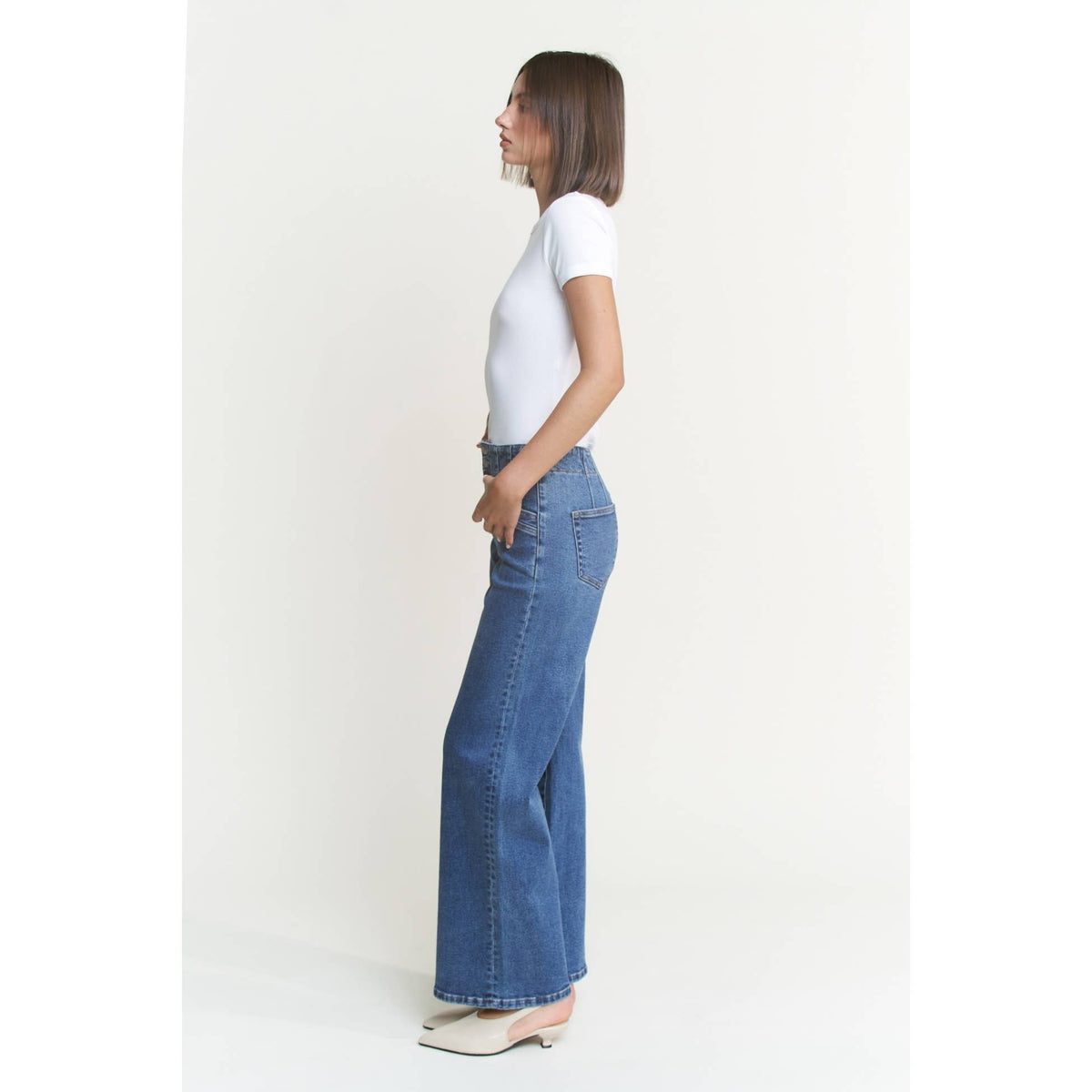 Mica Denim Super High Rise Wide Leg Double Button Medium Wash Jean