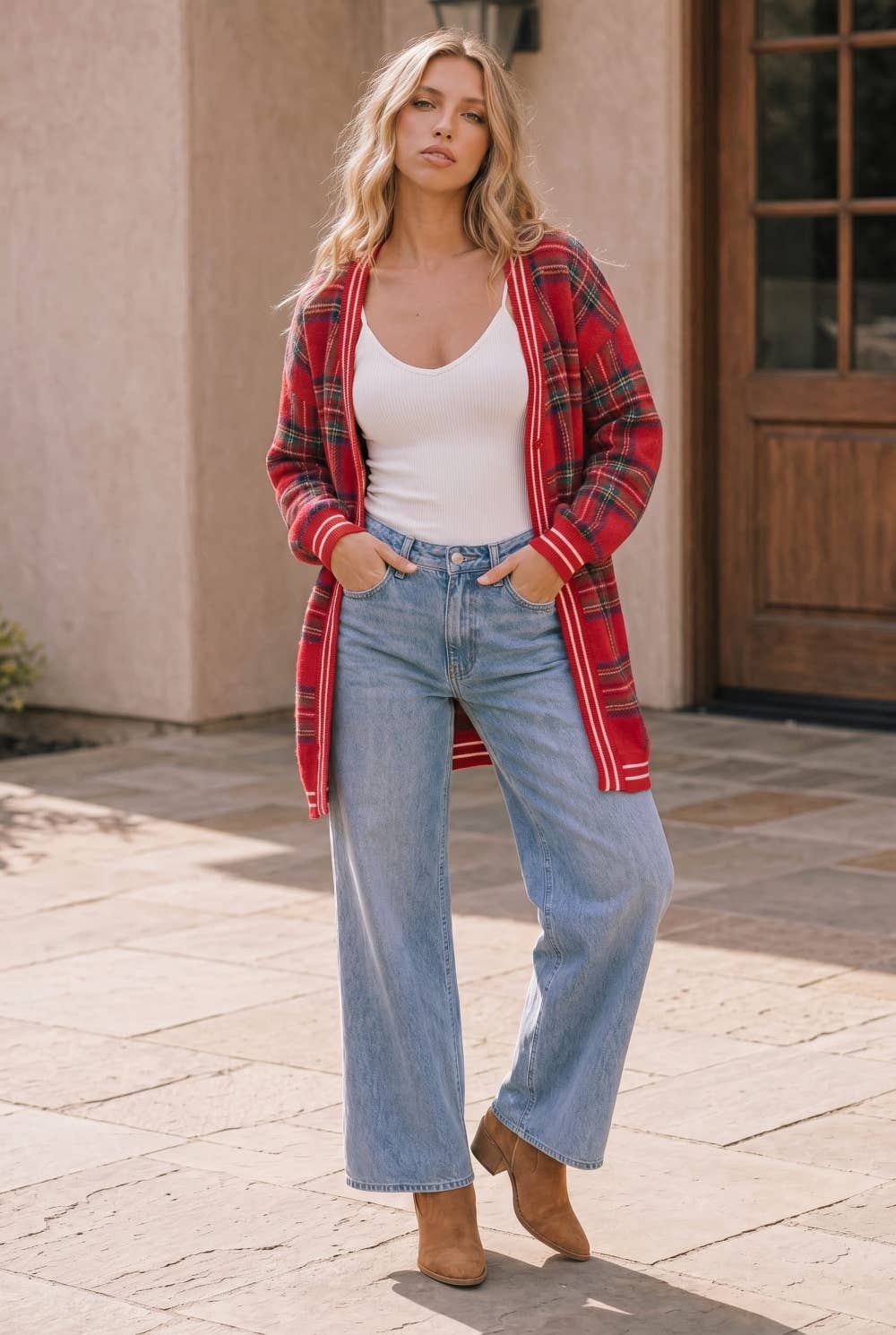 Red Plaid Open Front Knit Cardigan: RED / S