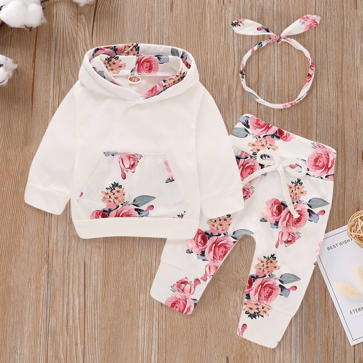 Beautiful Floral Hoodie, Pants and Headband Set: 3-6 Months / Purple