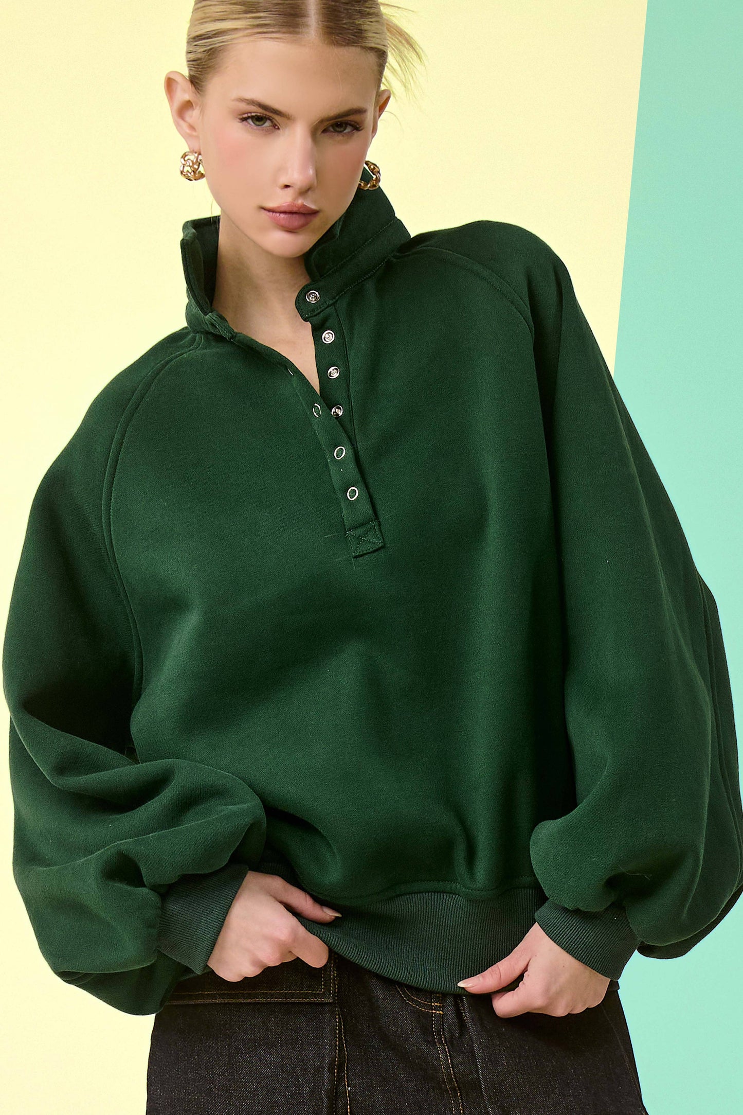 Fire Red Oversized Snap-Button Collared Mock Neck Sweatshirt
