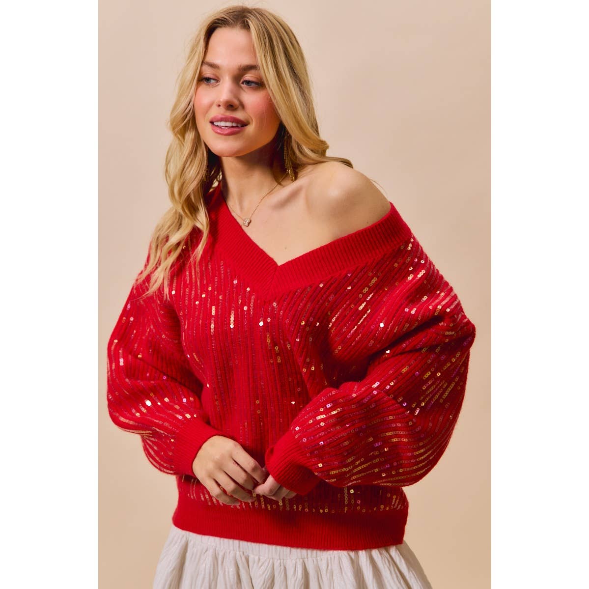 Red Sequins V Neck Sweater