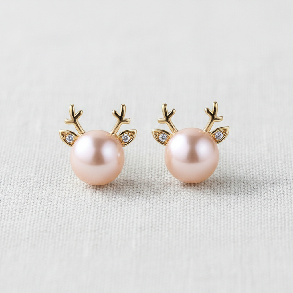 Whimsical Reindeer and Pearl Stud Earrings
