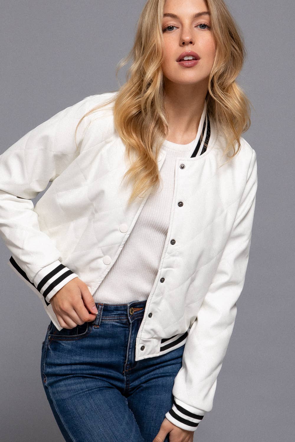 White Quilted PU Faux Leather Bomber Jacket