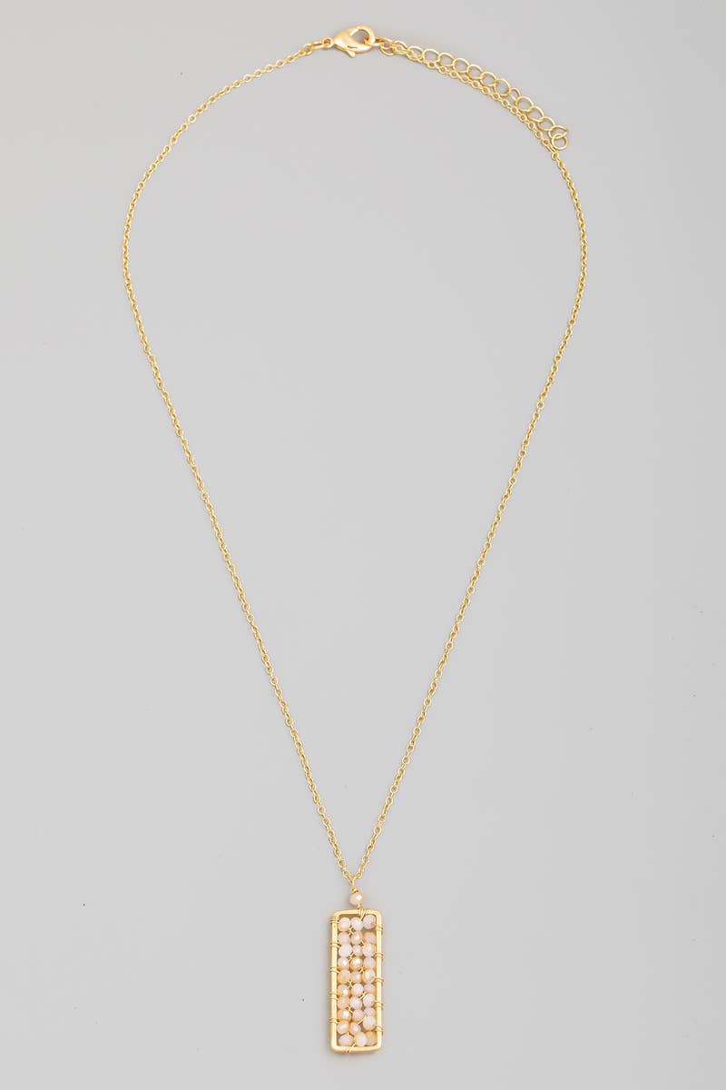 Gold Beaded Rectangle Pendant Necklace
