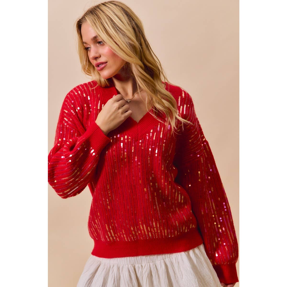 Red Sequins V Neck Sweater
