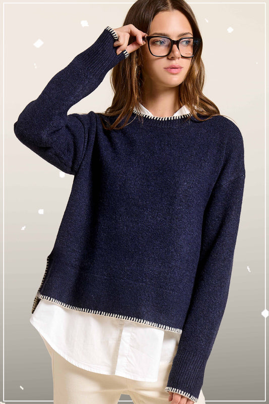 Navy Hi-Low Crew Neck Sweater W/ Contrast Blanket Stitch