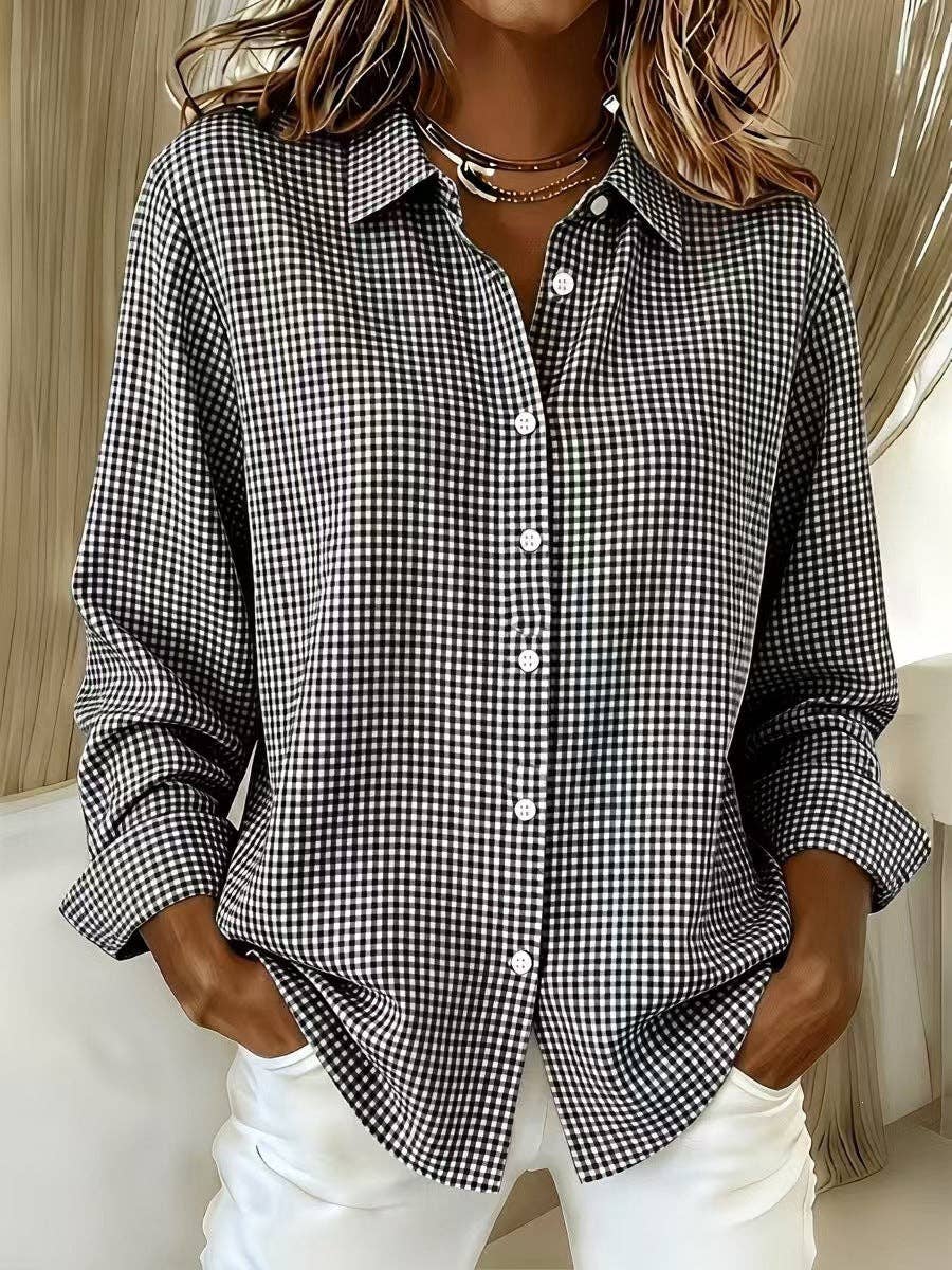 Women's Gingham Long Sleeve Button Down Shirt: Red / 100%Polyester / S