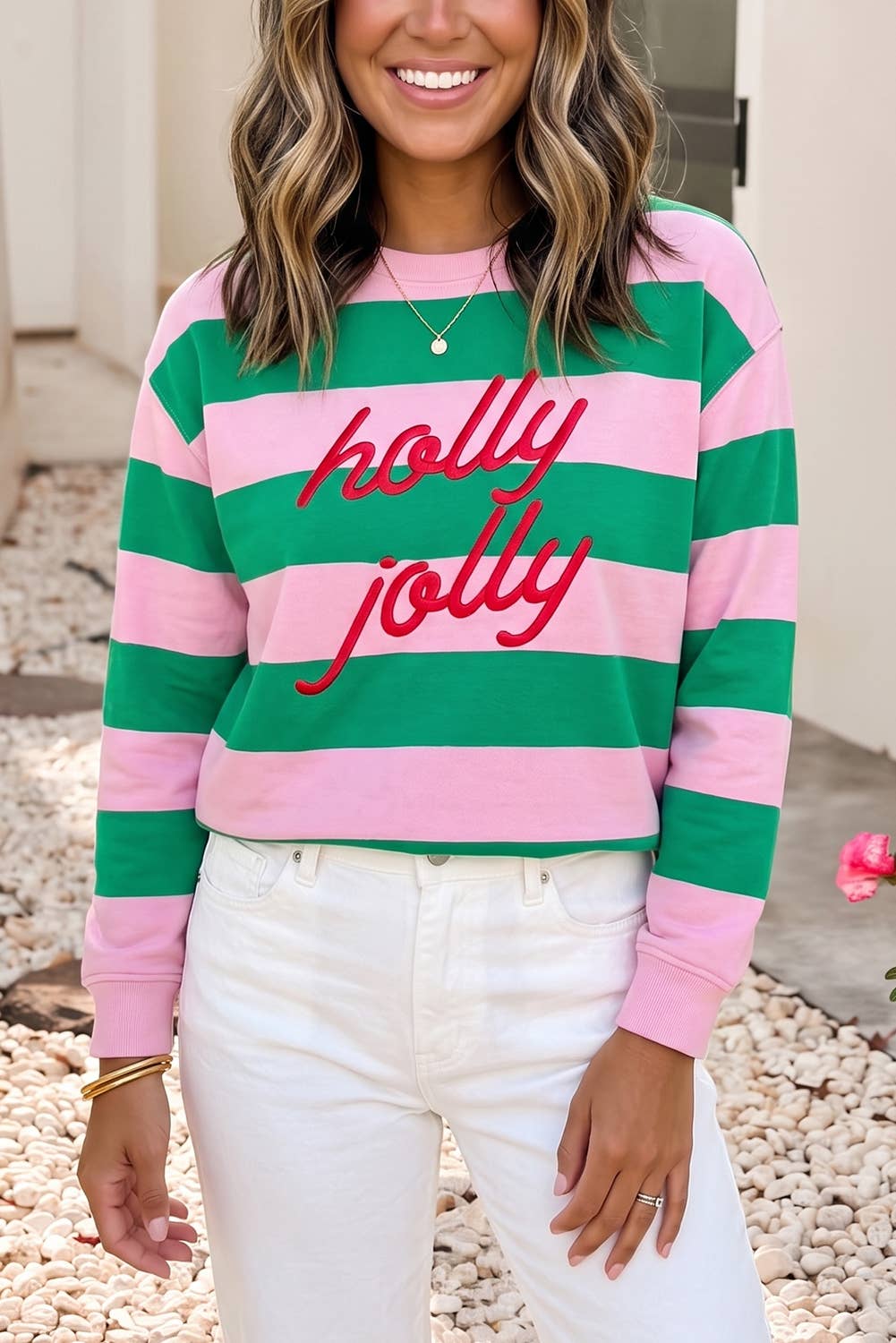 Holly Jolly Embroidered Stripe Pullover Sweatshirt | S-4X: Pink Stripe / S