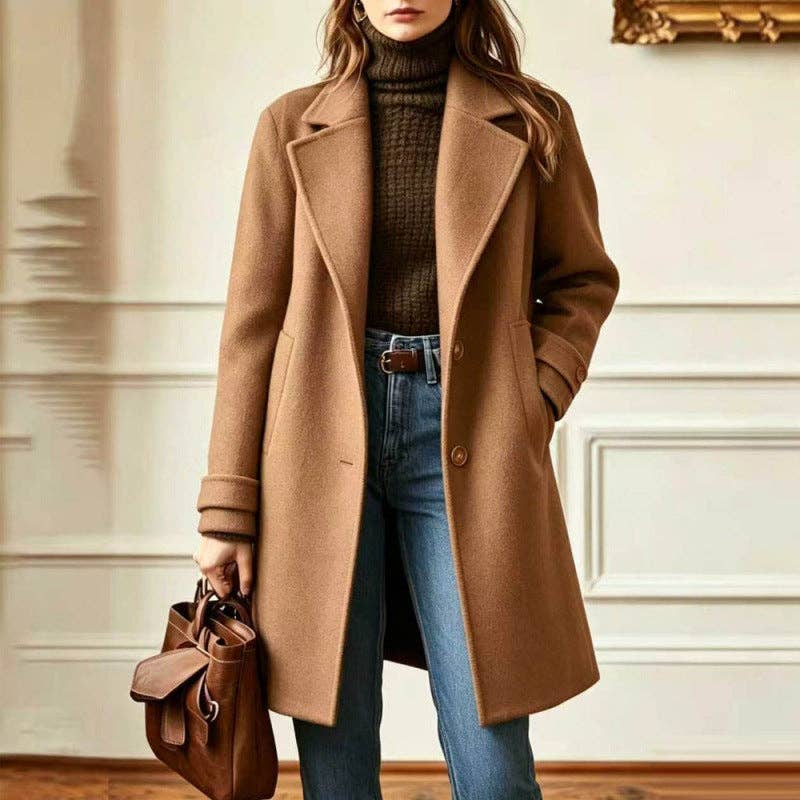 Women's Vintage Lapel Single Breasted Mid Long Coat: Camel / S