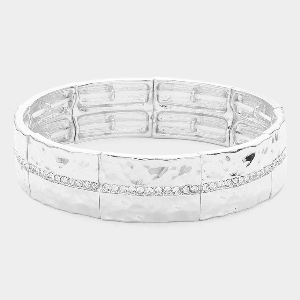 Silver Stone Paved Line Center Pointed Hammered Metal Stretch Bracelet