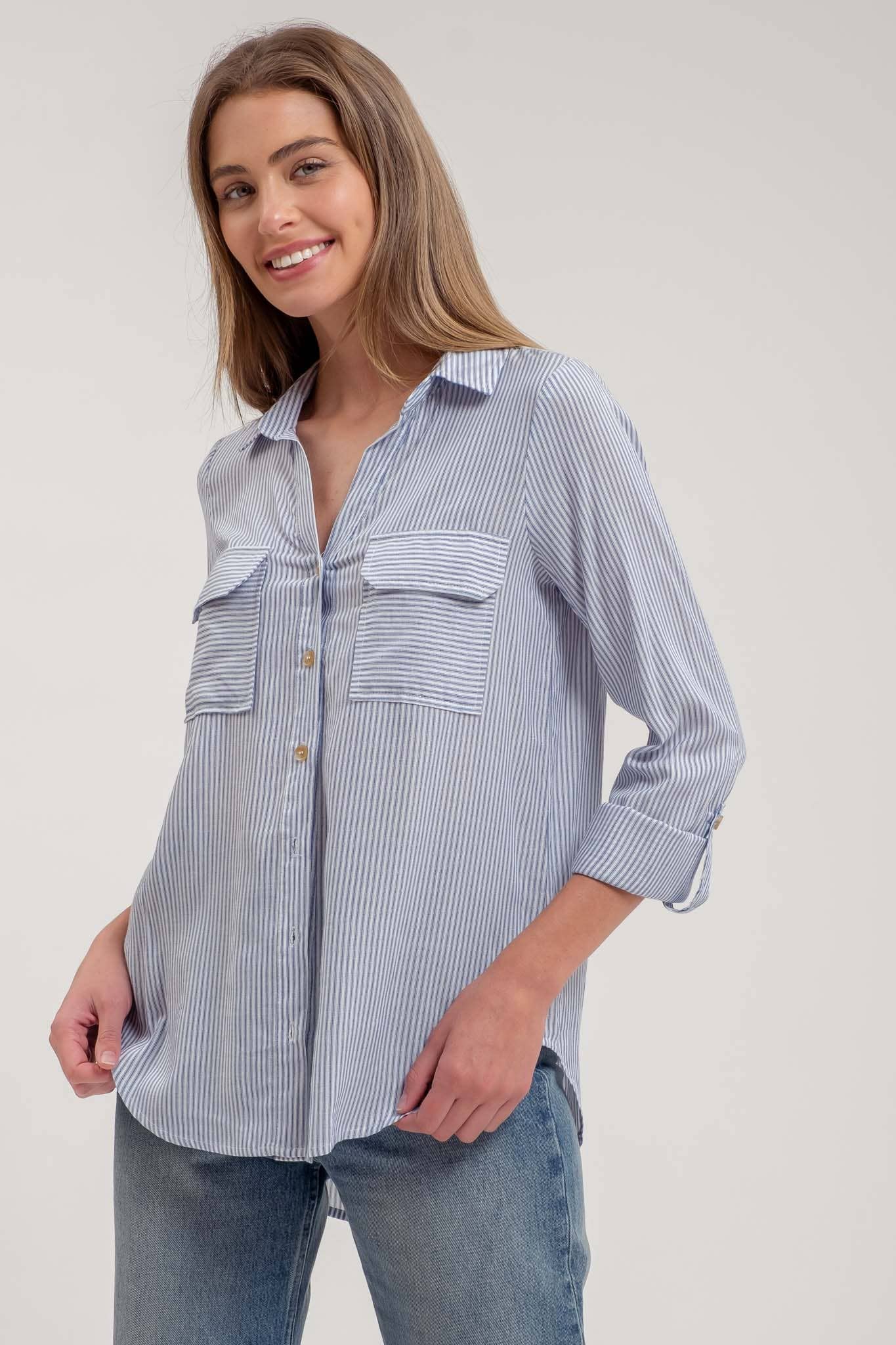 Black Striped Collared Button Down With Pockets