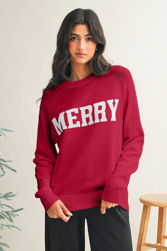 Red Raglan Sleeve MERRY Letter Pattern Sweater