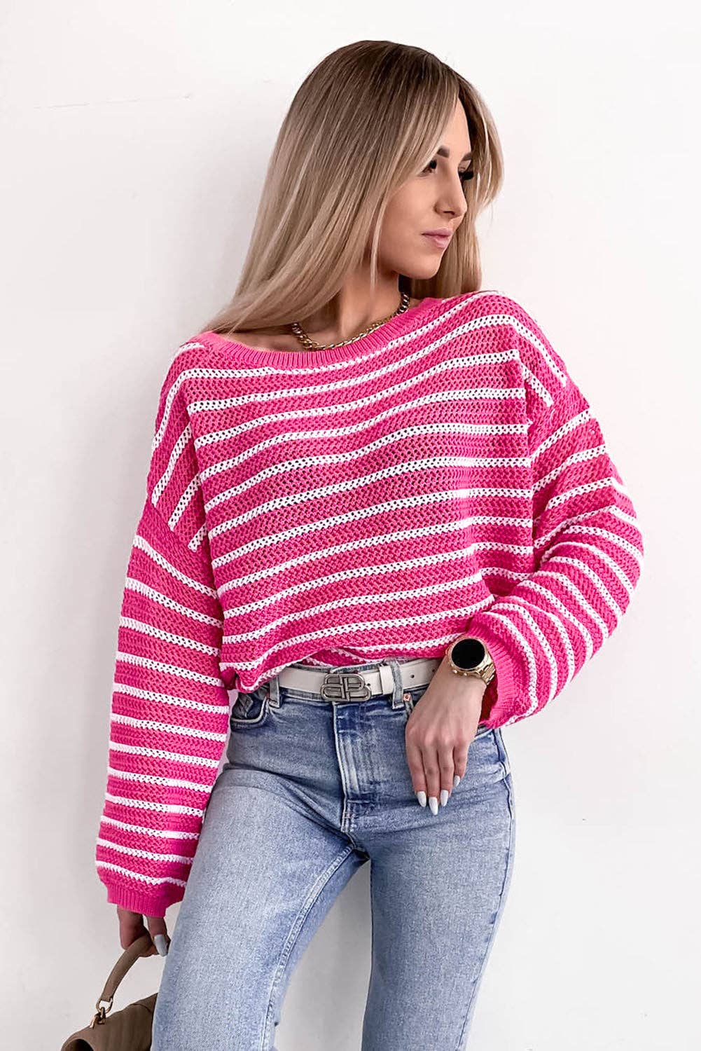 SALE Rose Drop Shoulder Contrasting Striped Sweater