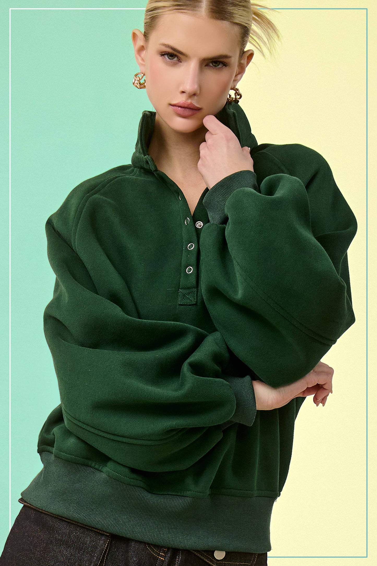 Fire Red Oversized Snap-Button Collared Mock Neck Sweatshirt