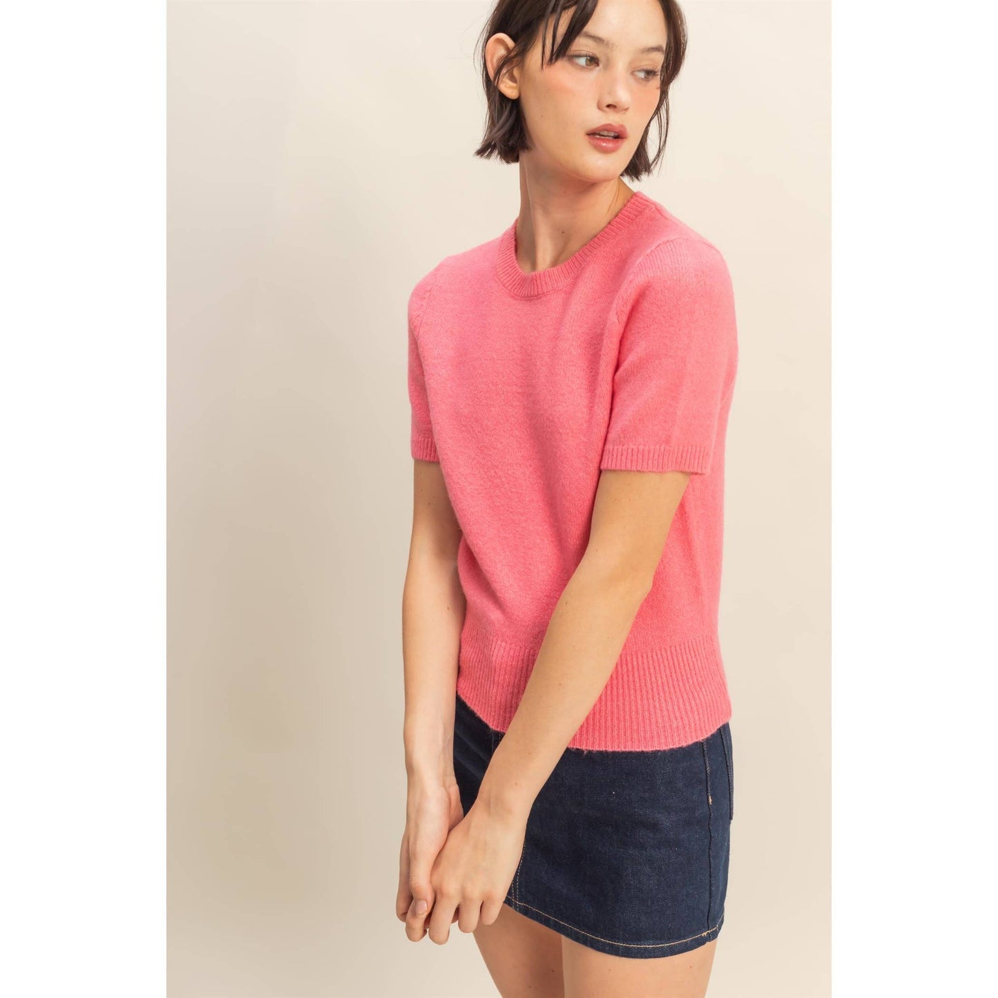 Taffy Pink Short Sleeve Sweater Top