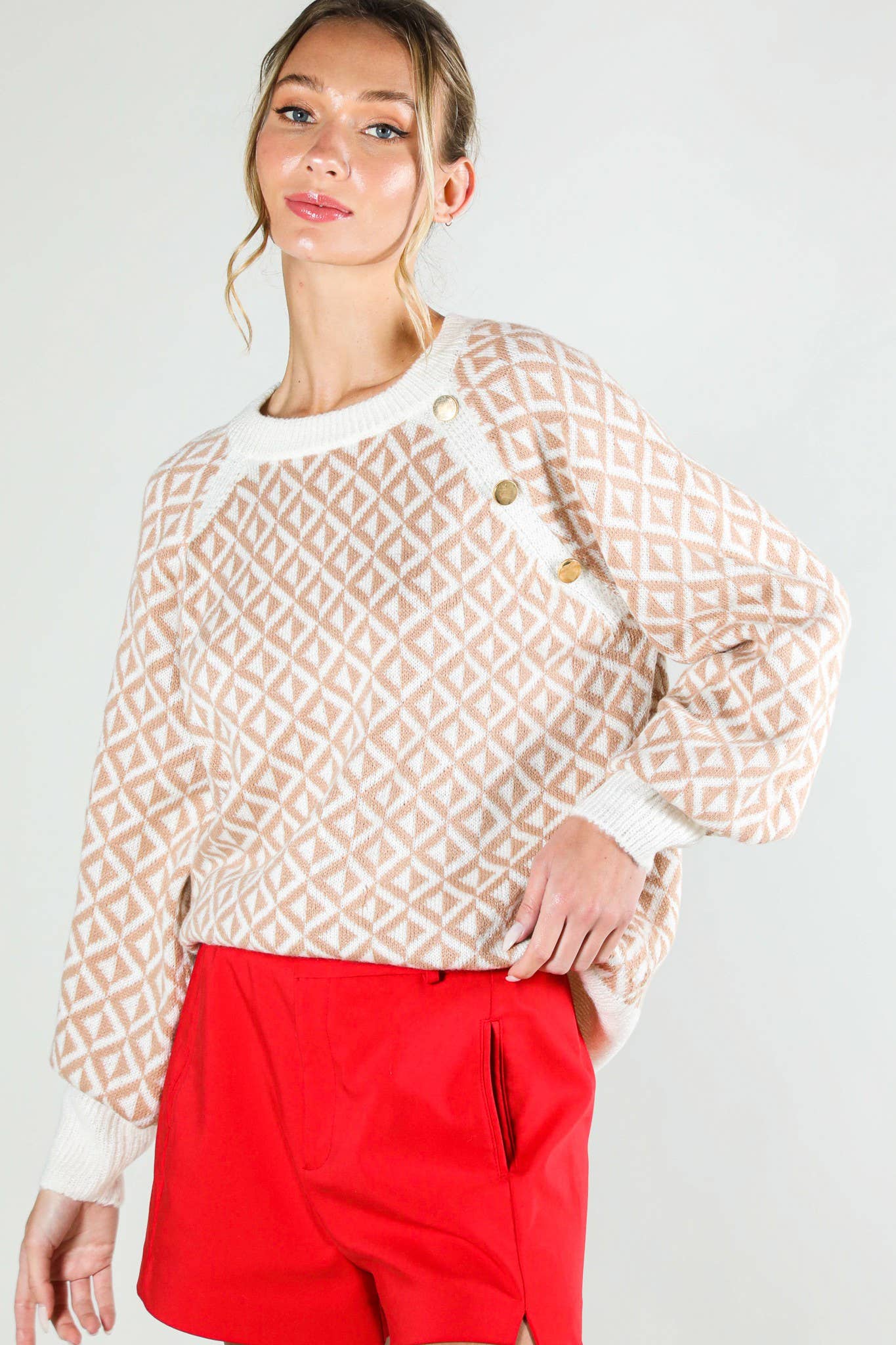 Taupe Geo Patterned Button Detailed Sweater