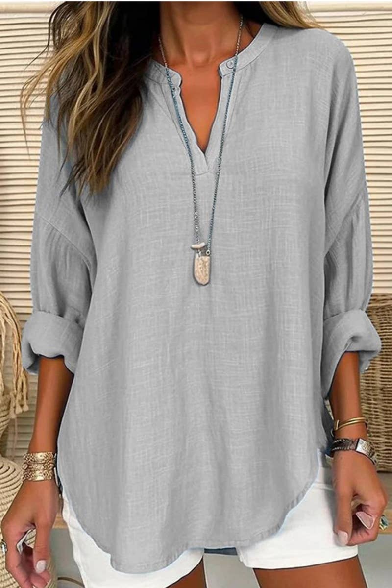 Grey Linen Long Sleeve Top