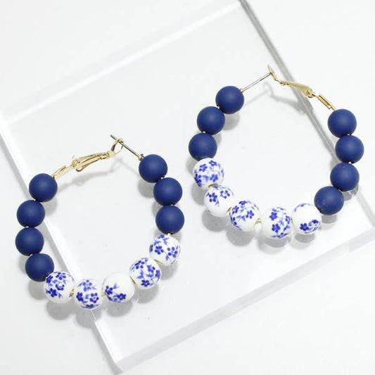 Porcelain ceramic bead hoop earring : Blue