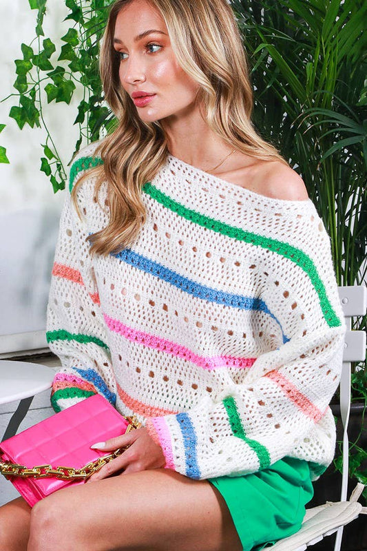 Boat Neck Crochet Color Stripe Knit Sweater