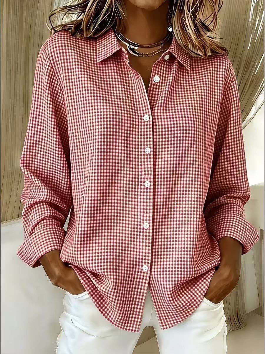 Women's Gingham Long Sleeve Button Down Shirt: Sage Green / 100%Polyester / S