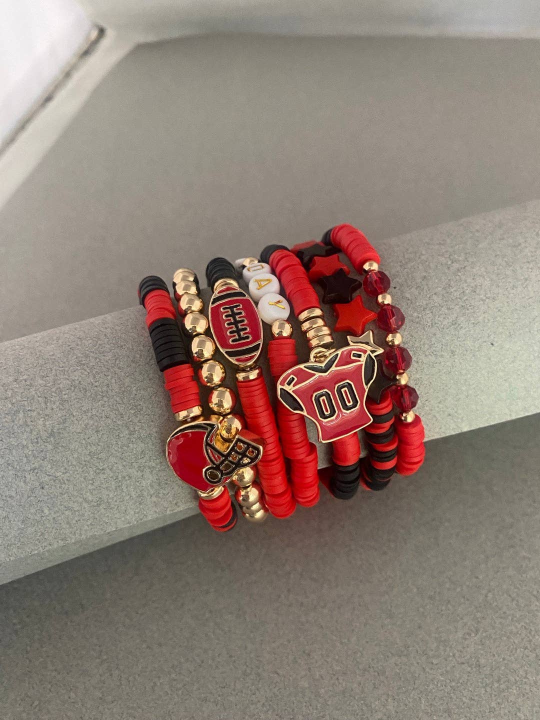 Gameday Red and Black Set of 7 Football Stretch Bracelets
