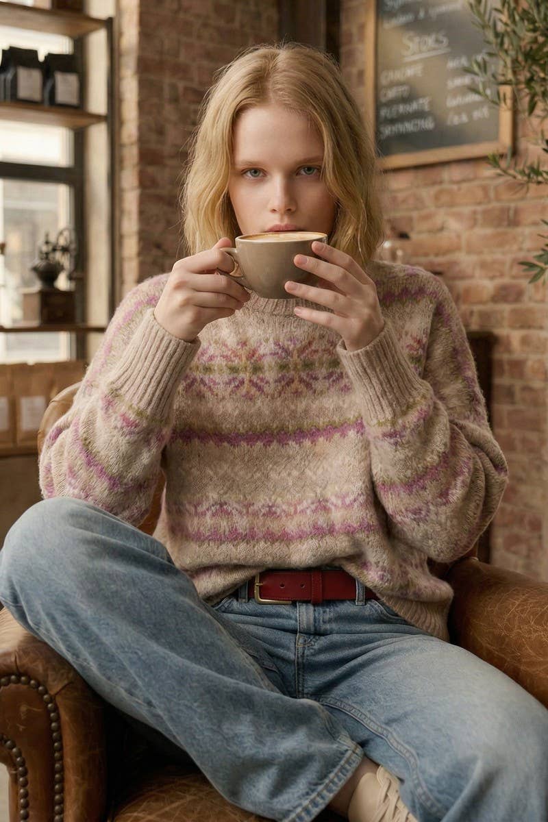 Taupe/Brown Cozy Jacquard  Sweater